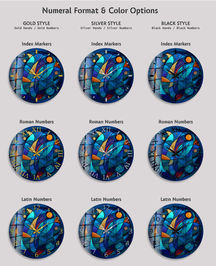 Blaue abstrakte Glas-Wanduhr – Dekor im Buntglas-Stil