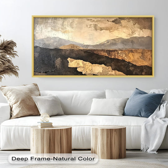 Textured abstract landscape oil painting featuring earth-toned terrain and mountains offers modern oil painting art with a grounding, natural design.