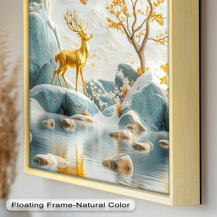Golden Deer in Snowy Mountain - Animal Oil Painting