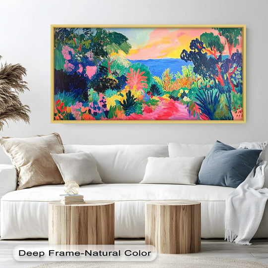 Swirling, organic forms define this path to paradise oil painting wall art, where verdant foliage and vibrant flora lead to a distant, dreamy seascape.