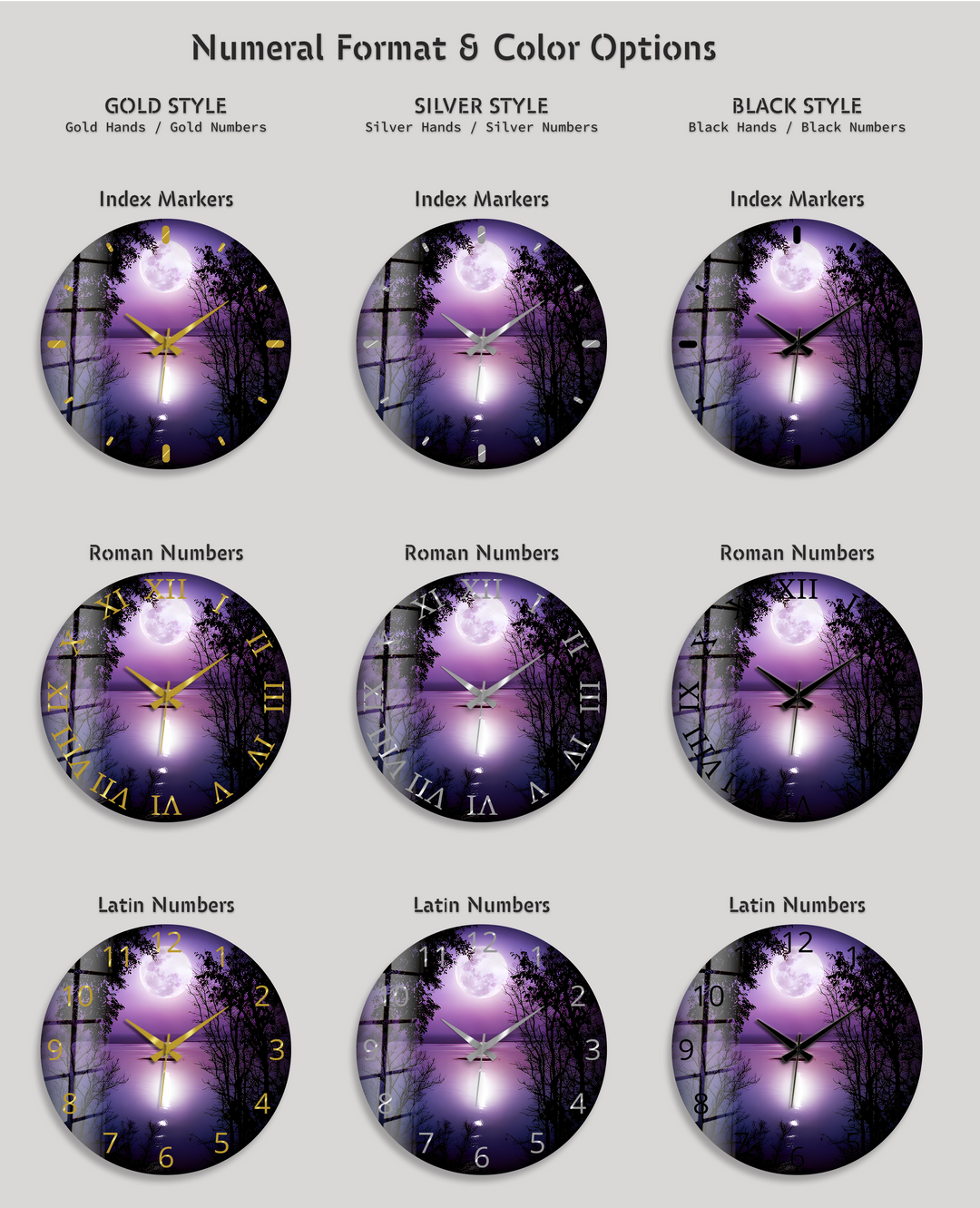 Lila Vollmond-Glas-Wanduhr – Mondschein-See-Dekor