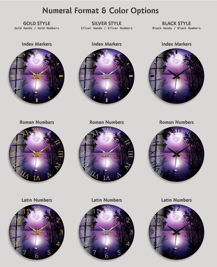 Lila Vollmond-Glas-Wanduhr – Mondschein-See-Dekor