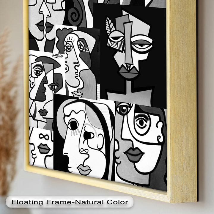 Monochrome Muse – Picasso-inspiriertes Ölgemälde mit kubistischen Gesichtern