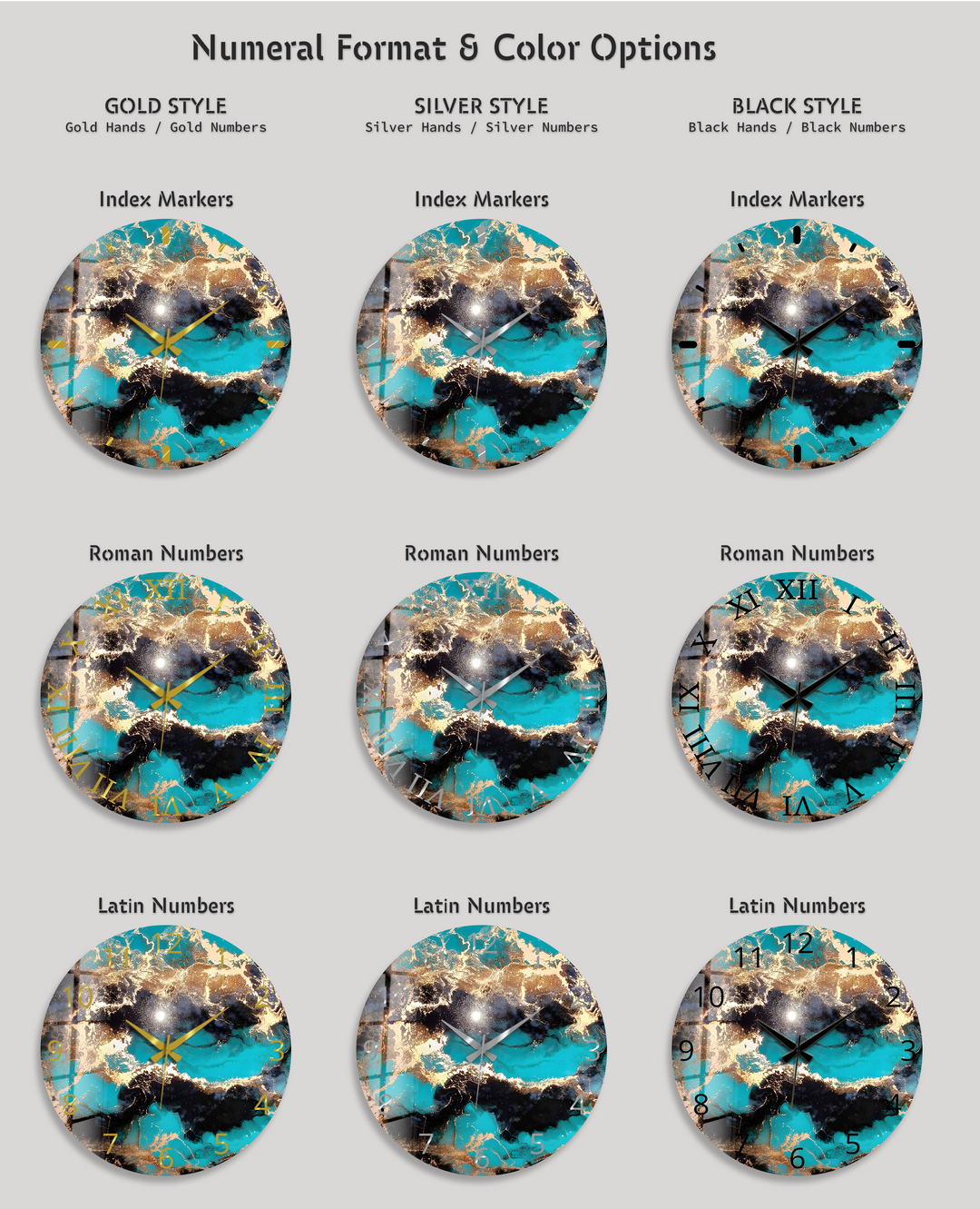 Turquoise and Gold Glass Wall Clock – Abstract Marble Decor