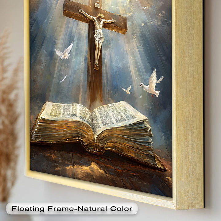 Jesus on the Cross with Open Bible and Doves - Oil Painting