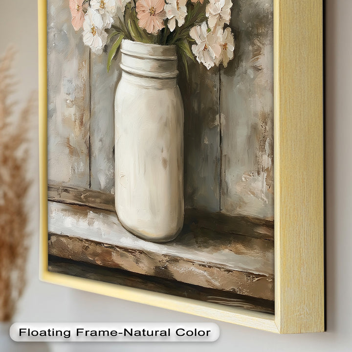 Blush & Cream Blooms – Rustic Mason Jar Flower Oil Painting