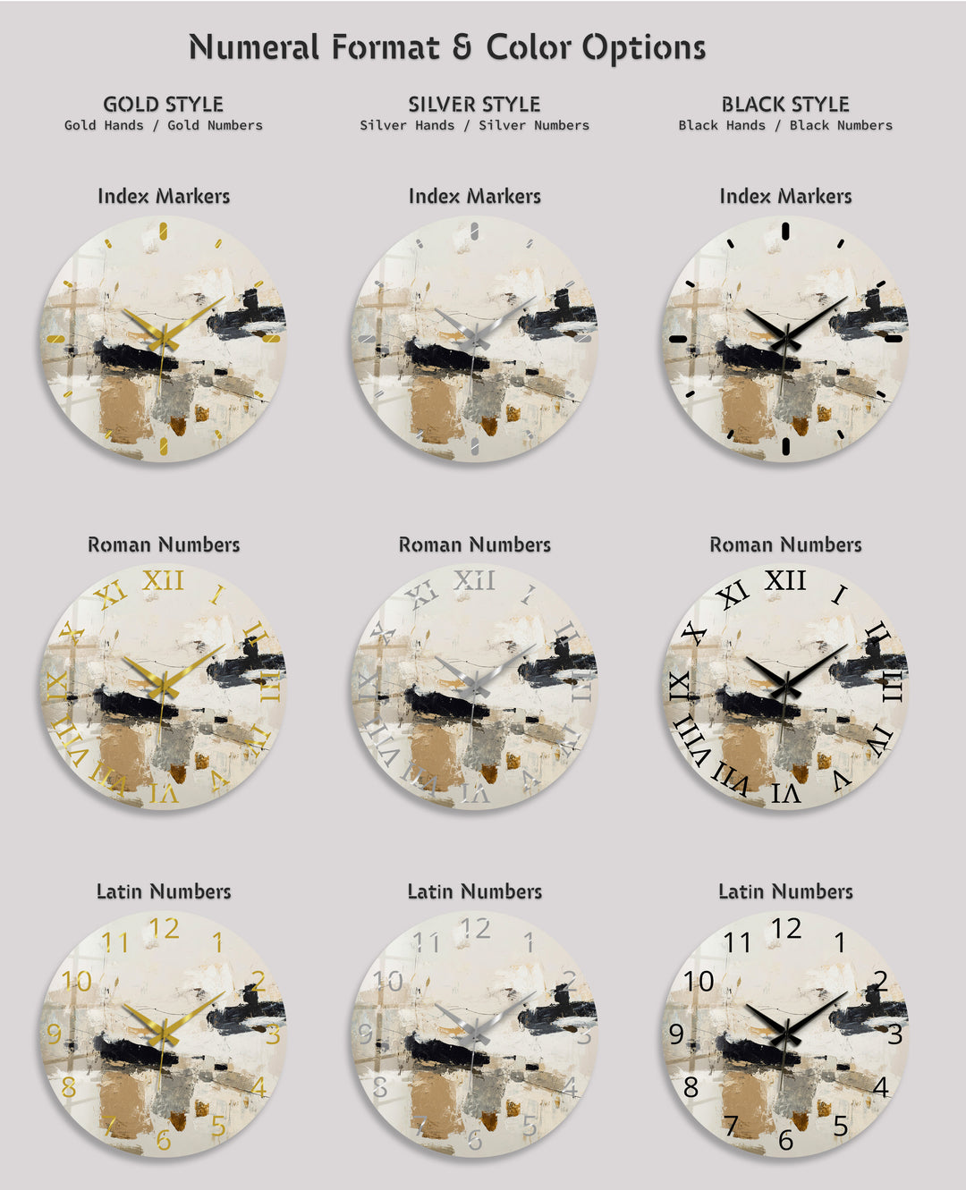 Neutral Abstract Glass Wall Clock – Black and Beige Modern Art