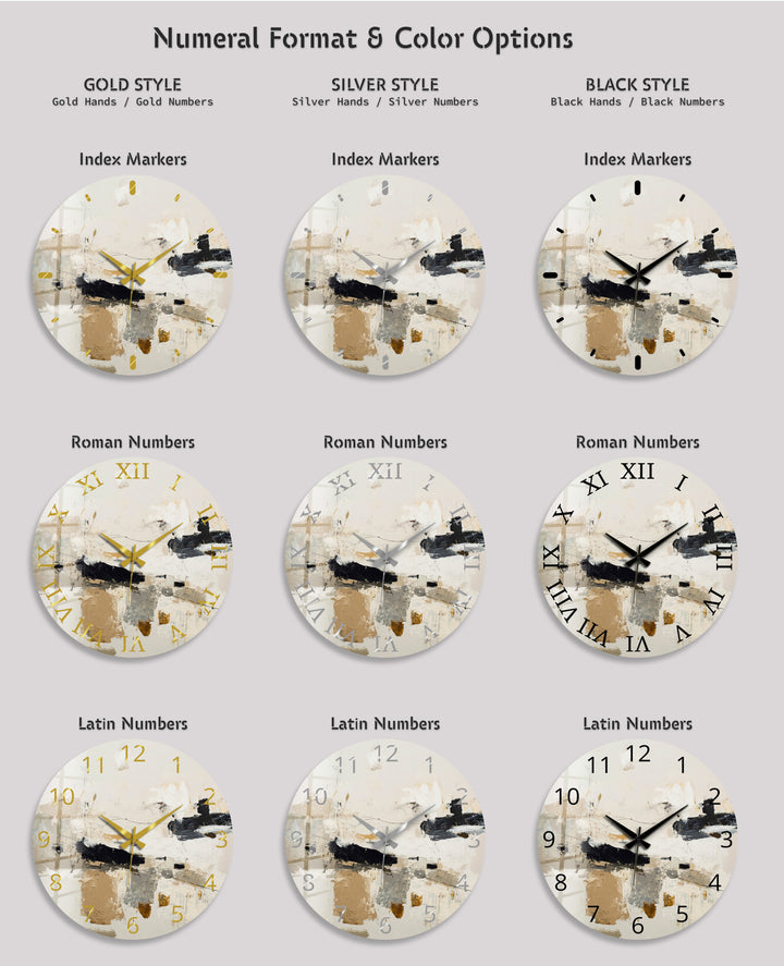 Neutral Abstract Glass Wall Clock – Black and Beige Modern Art