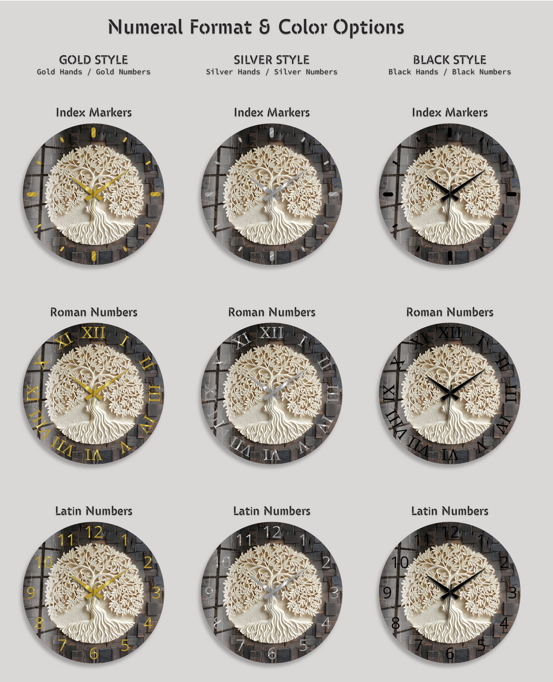Tree of Life Glass Wall Clock – Rustic Wood Look Decor