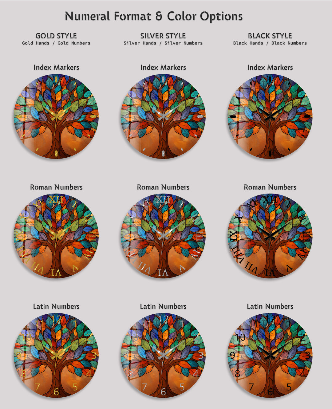 Bunte Glas-Wanduhr „Baum des Lebens“ – Buntglas-Stil