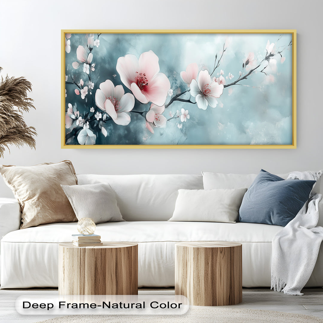 Soft Pink and White Petals on Tranquil Blue - Flower Oil Painting