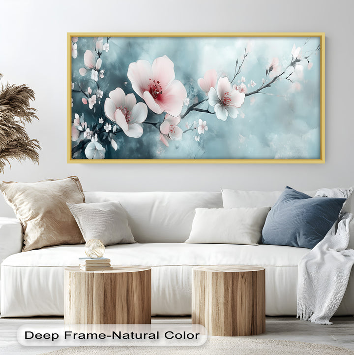 Soft Pink and White Petals on Tranquil Blue - Flower Oil Painting