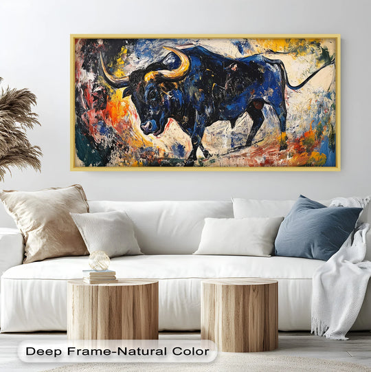 Powerful brushstrokes highlight the focal point of this fierce blue bull, showcasing the detail and texture of the oil painting reproduction print.