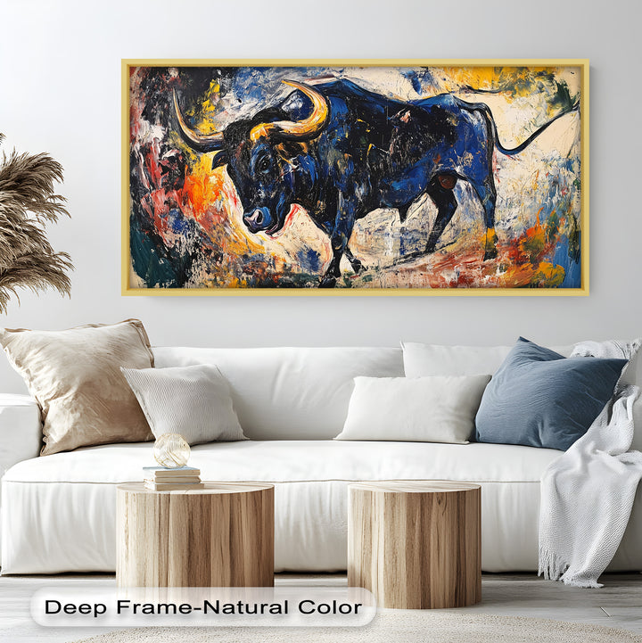 Fierce Blue Bull in Motion – Abstract Oil Painting