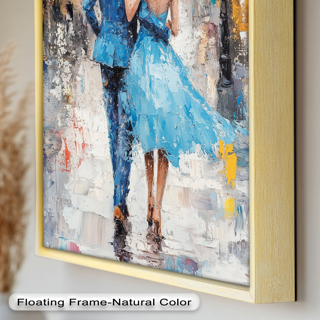 Romantic Couple Strolling in Rain - Love Oil Painting