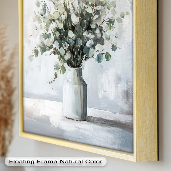 Eucalyptus Essence – Minimalist Greenery in Ceramic Vase Oil Painting