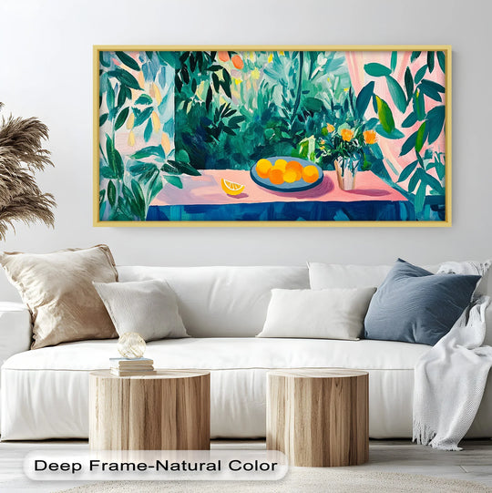 Impasto surface texture enhances this still life oil painting, capturing Lemon Light's vivid botanical scene as a beautiful oil painting decoration.