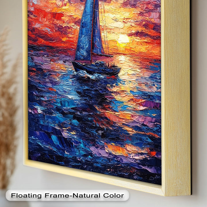 Crimson Horizon – Sunset Voyage Boat Oil Painting