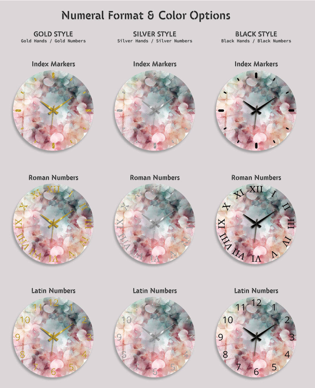 Pastel Hydrangea Glass Wall Clock – Pink Floral Wreath Decor