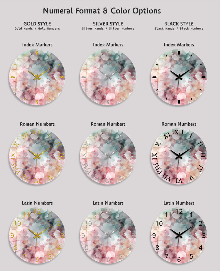 Pastel Hydrangea Glass Wall Clock – Pink Floral Wreath Decor