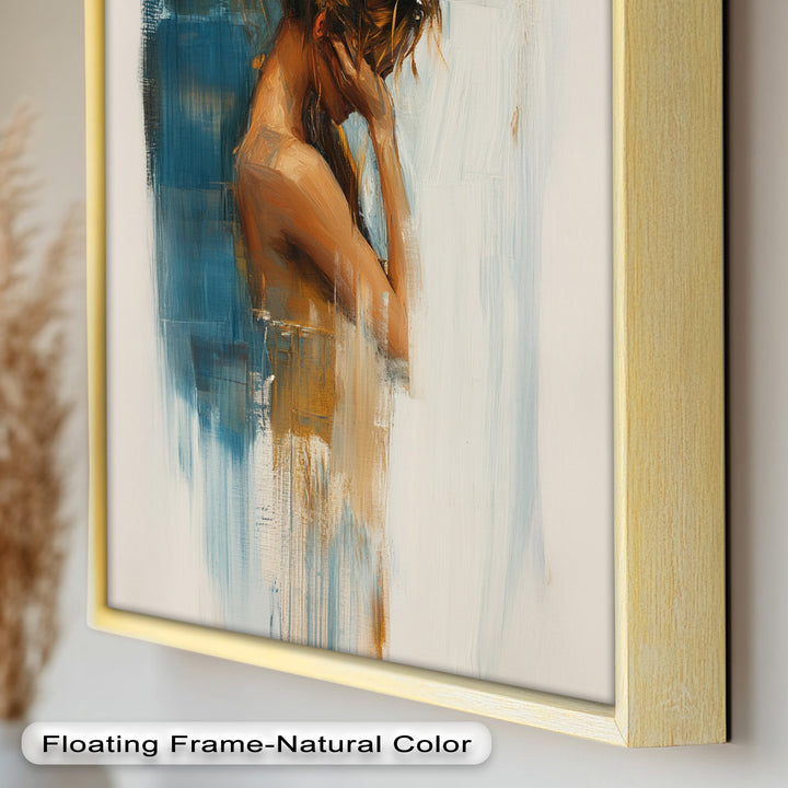 Veil of Thought – Introspective Woman in Blue and Gold Abstract Oil Painting