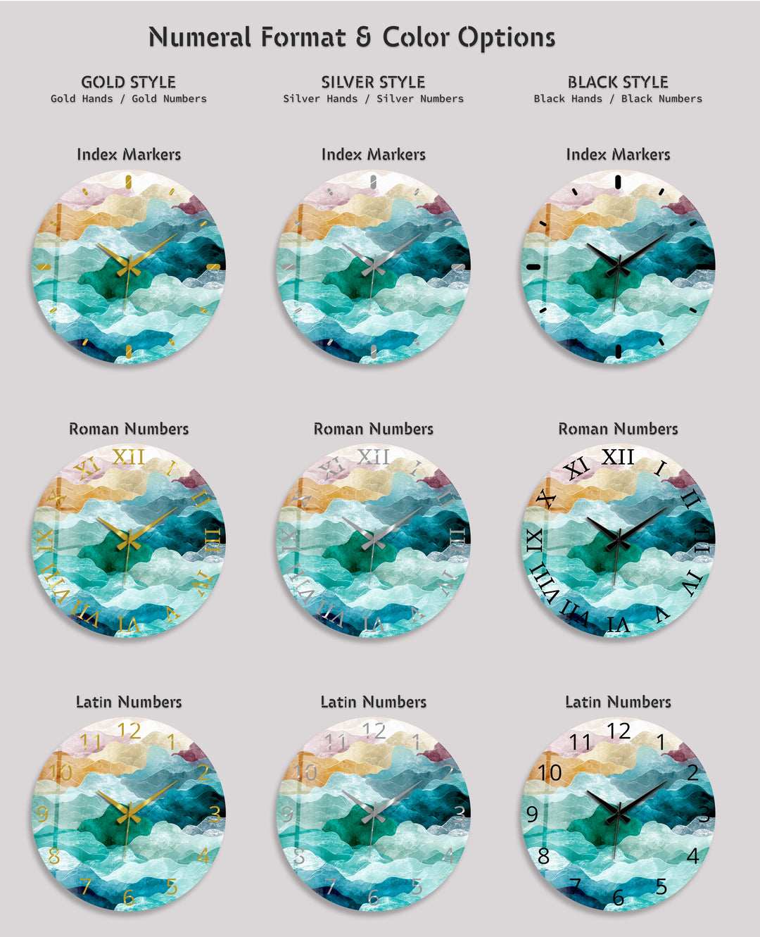 Abstract Mountain Glass Wall Clock – Teal Boho Landscape Decor