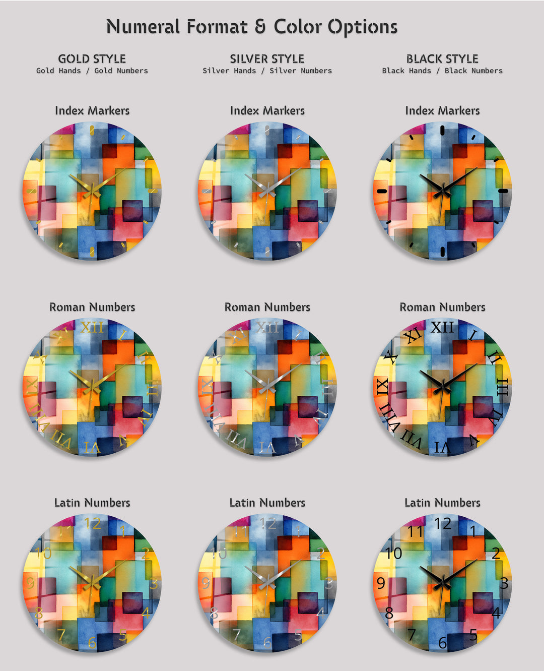 Colorful Geometric Glass Wall Clock – Abstract Color Block Art