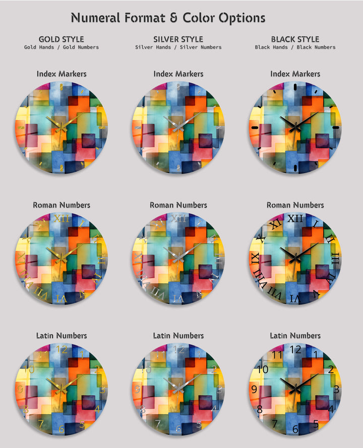 Colorful Geometric Glass Wall Clock – Abstract Color Block Art