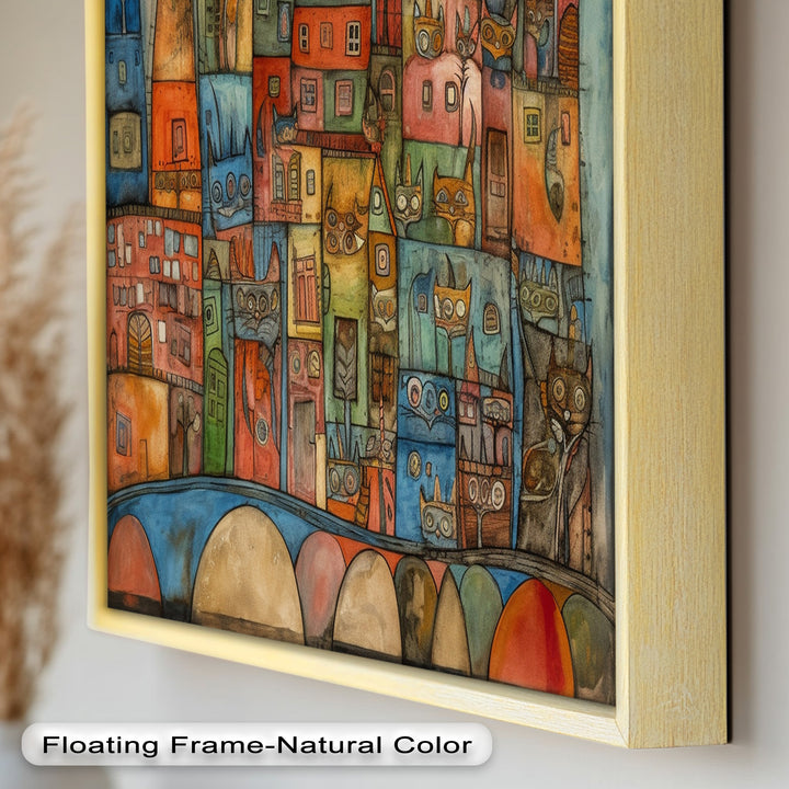 Whimsical Cat Cityscape – Surreal Architecture and Feline Picasso Oil Painting