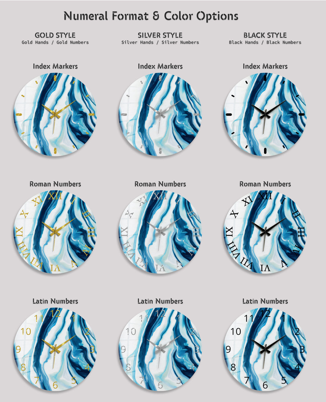 Blaue Marmorglas-Wanduhr – modernes blau-weißes Dekor