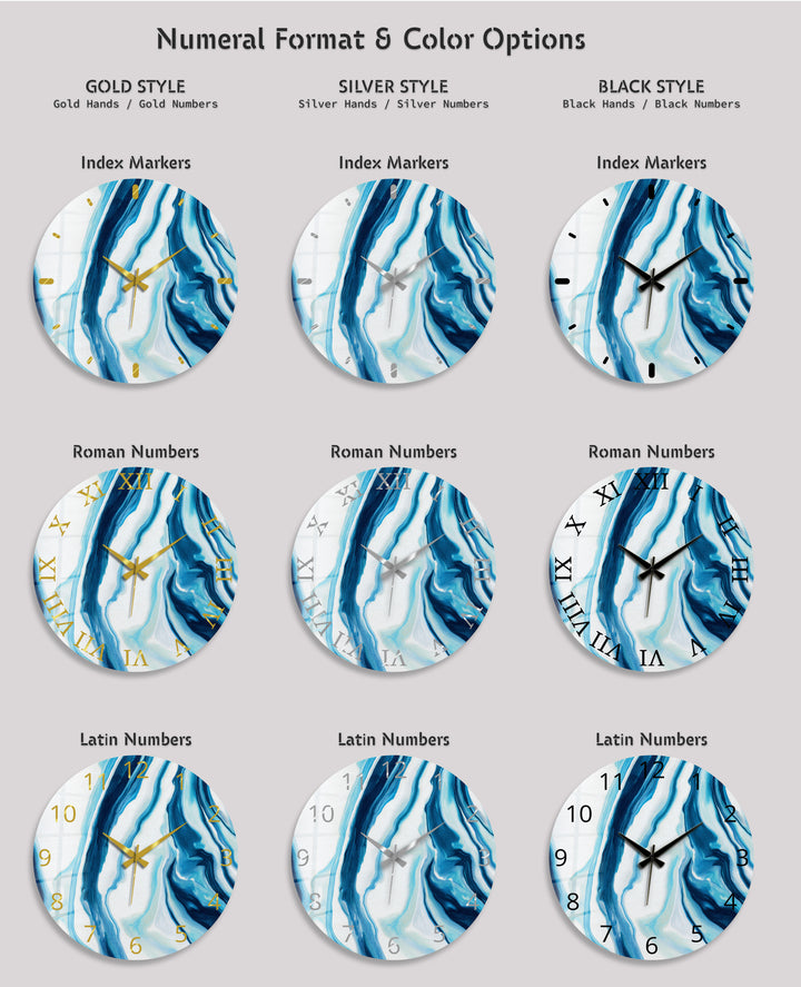 Blaue Marmorglas-Wanduhr – modernes blau-weißes Dekor