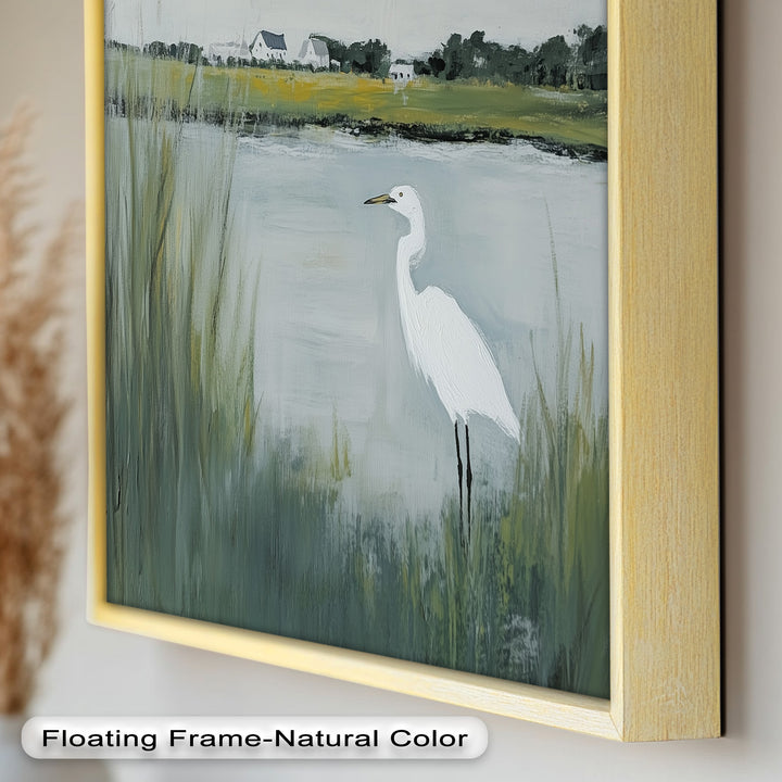 Egret by the Marsh – Minimalist Landscape Oil Painting