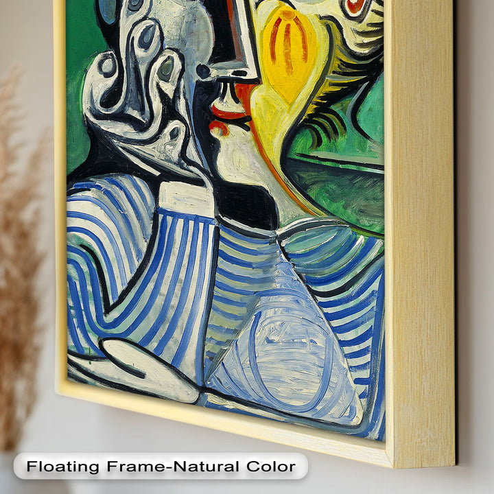 Nachdenklicher Blick – Gestreifte Frau mit Sonnenhut Picasso Ölgemälde
