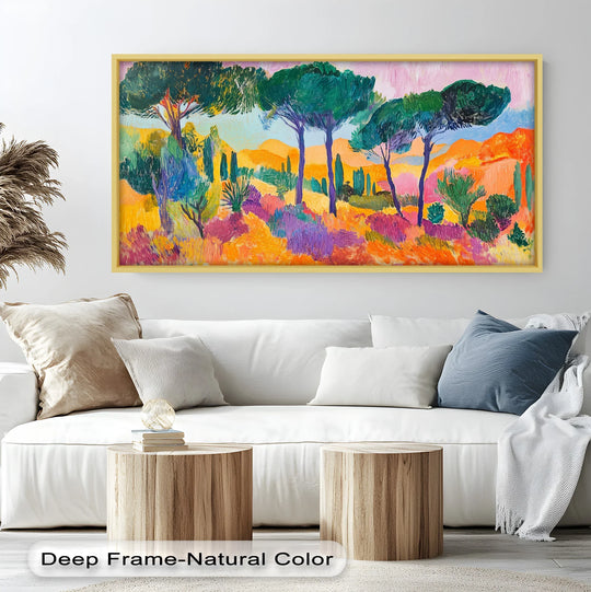 Illustrating the abstract quality, the vibrant Mediterranean Sunrise oil painting art piece presents a stylized landscape with bold color fields and rhythmic brushstrokes.