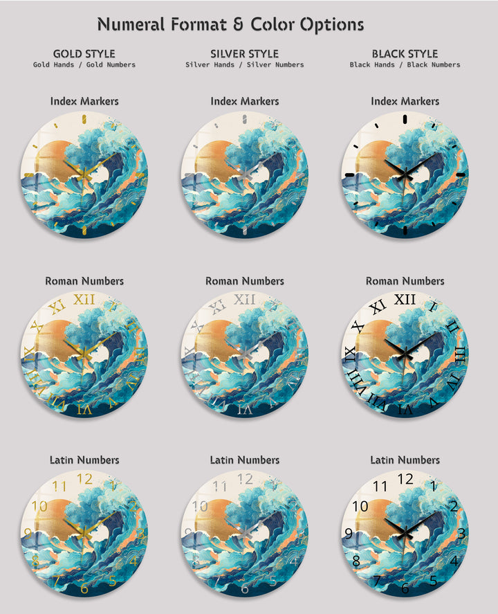 Japanese Wave Glass Wall Clock – Blue Ocean Sunset Art Decor