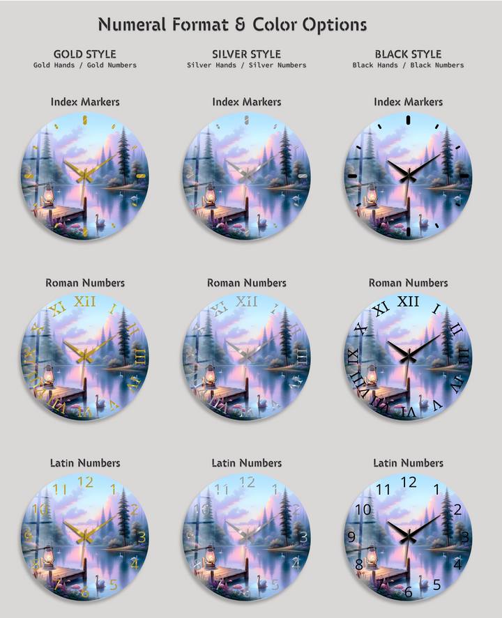 Swan Lake Glass Wall Clock – Pastel Forest Landscape