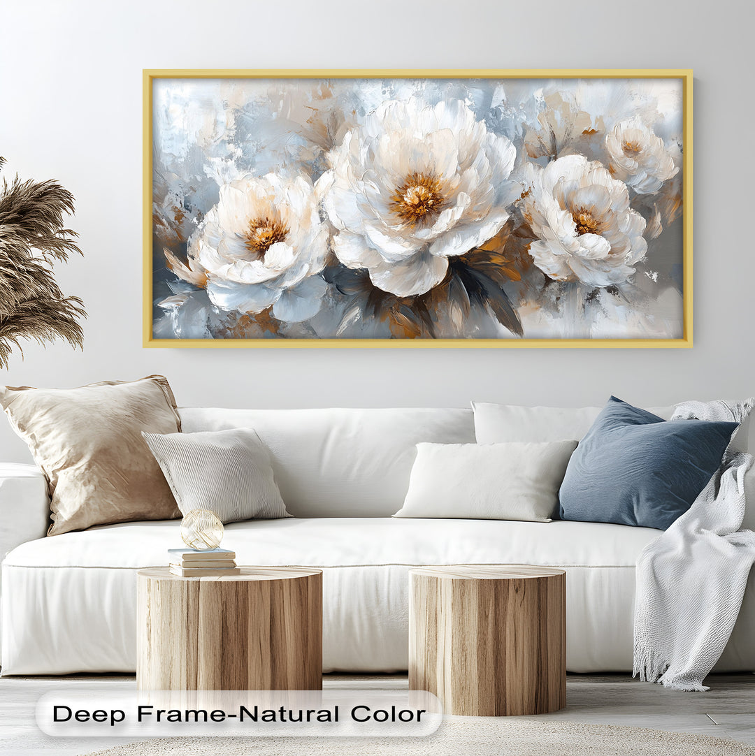 White Petals on Soft Neutral Background - Flower Oil Painting