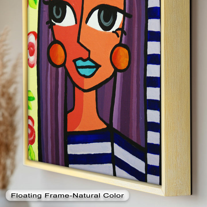 Striped Radiance – Playful Woman with Purple Hair Picasso Oil Painting