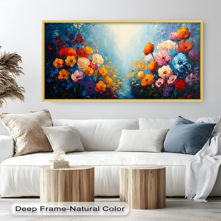 Multicolor Blossoms in Blue Radiance - Flower Oil Painting