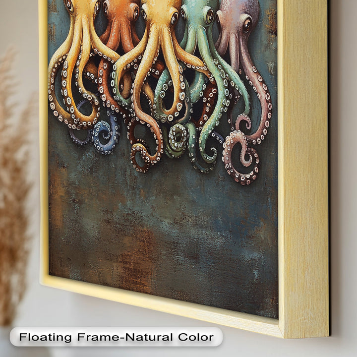 Whimsical Row of Octopuses – Colorful Sea Life Animal Oil Painting