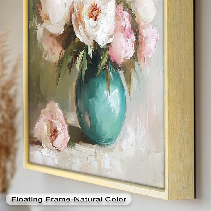 Blushing Peonies in Jade Vase – Romantic Flower Oil Painting