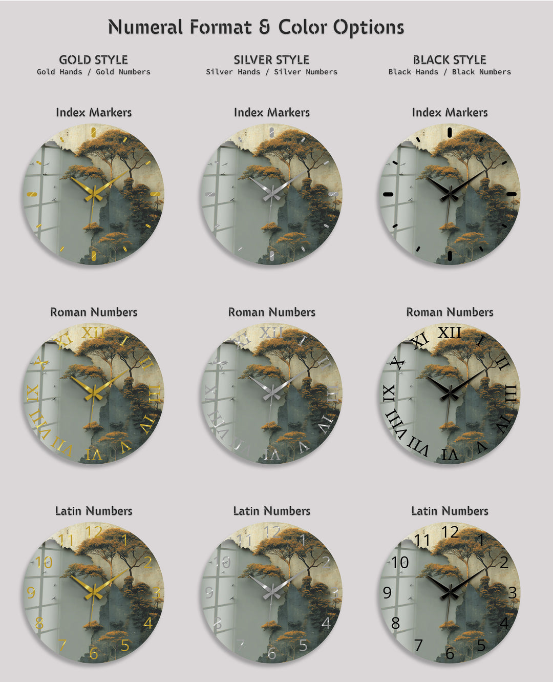 Misty Forest Glass Wall Clock – Golden Mountain Landscape