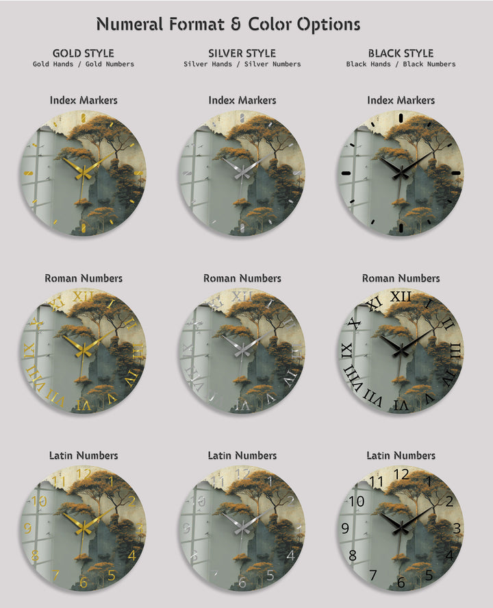 Misty Forest Glass Wall Clock – Golden Mountain Landscape