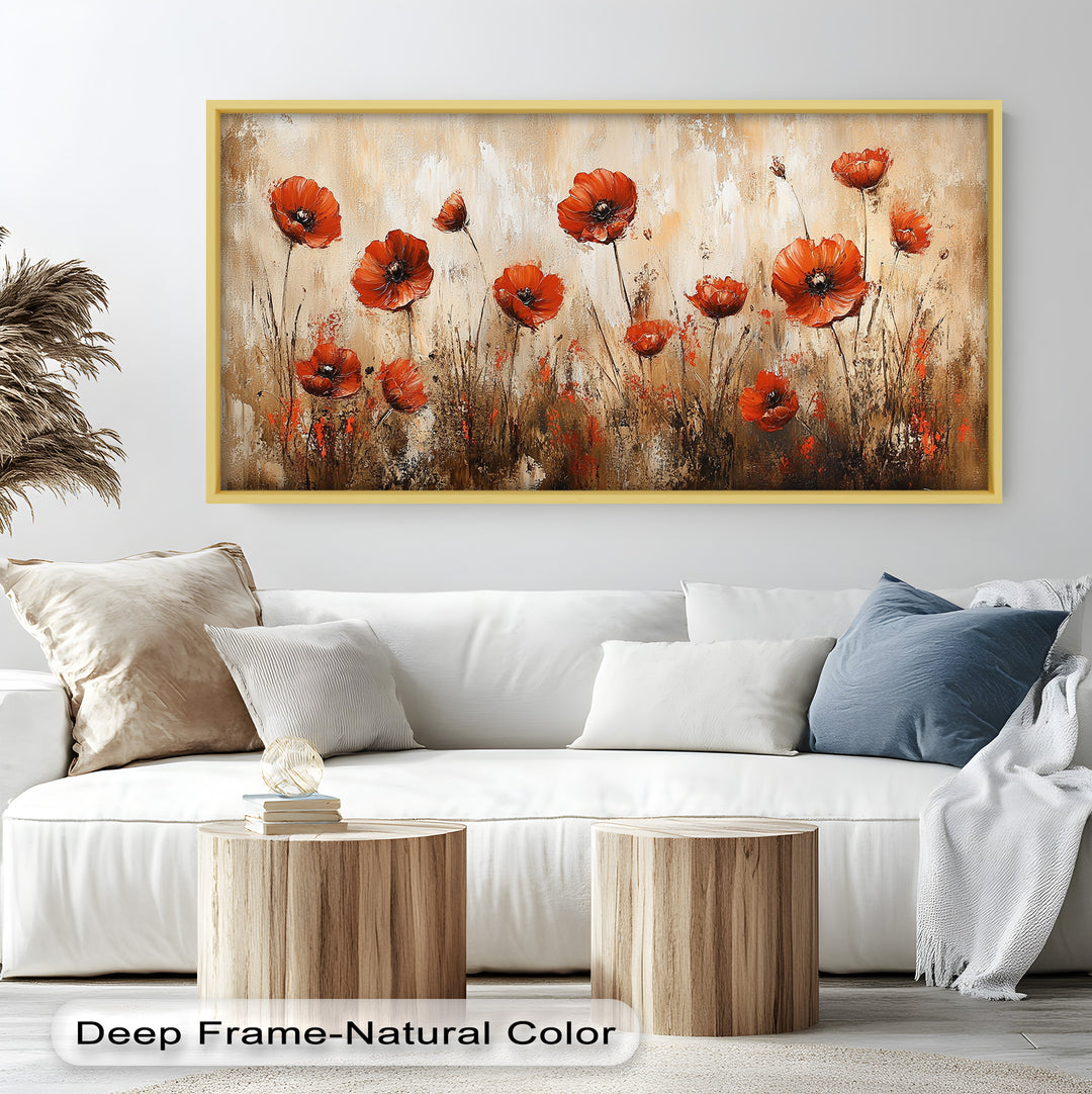 Red Poppies in Earth-Toned Harmony - Flower Oil Painting