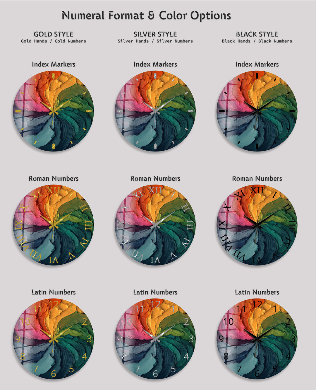 Colorful Abstract Glass Wall Clock – Rainbow Oil Painting Art