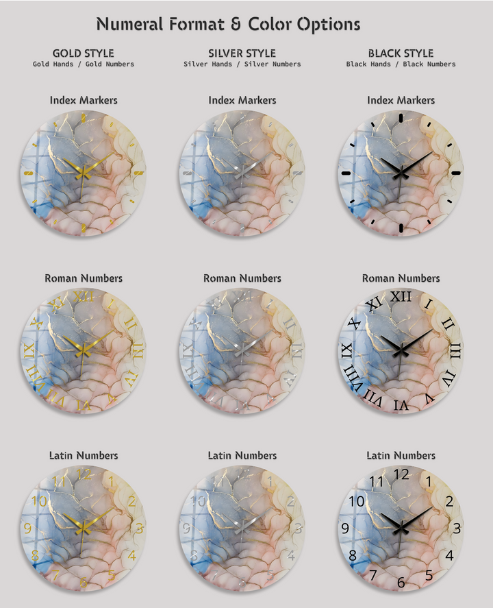 Pastellrosa und blaue Marmorglas-Wanduhr