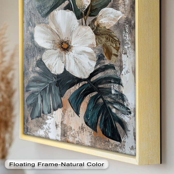 White Bloom and Tropical Leaves - Flower Oil Painting