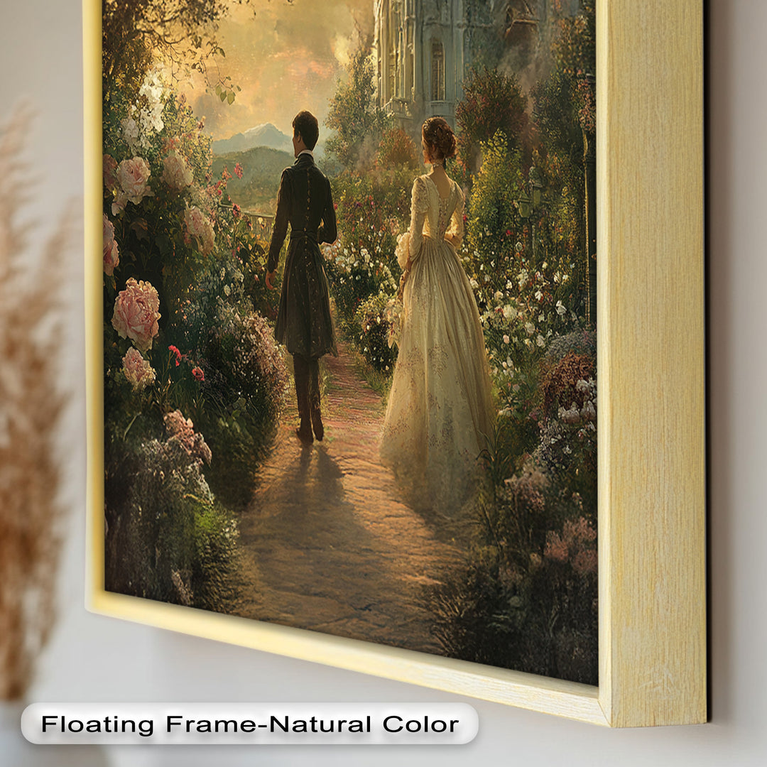 Victorian Lovers at Twilight – Romantic Garden Walk Oil Painting