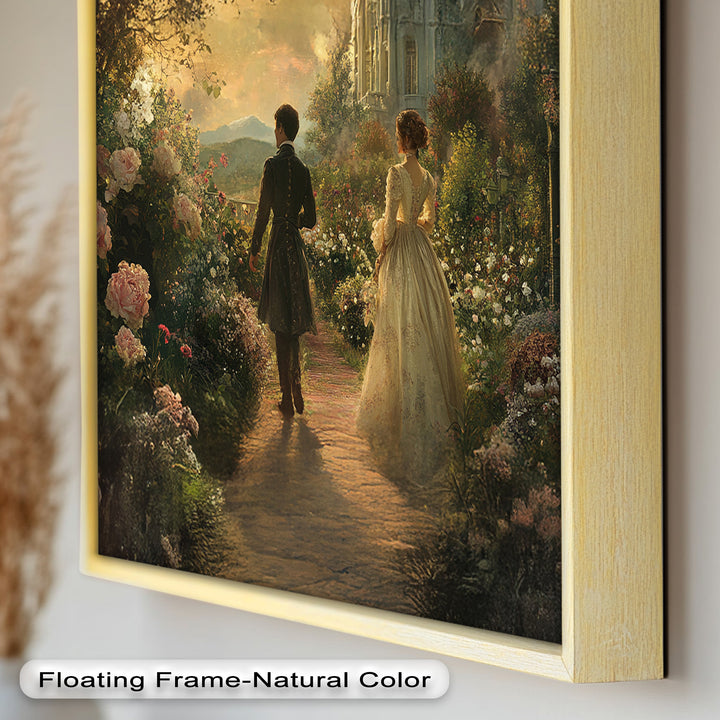 Victorian Lovers at Twilight – Romantic Garden Walk Oil Painting
