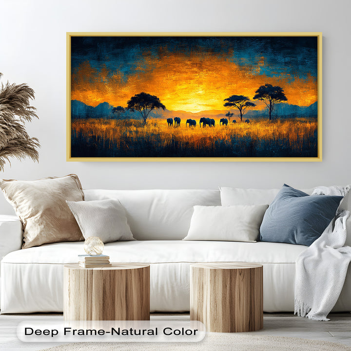 Golden Savannah Sunset – Elephant Silhouette Oil Painting
